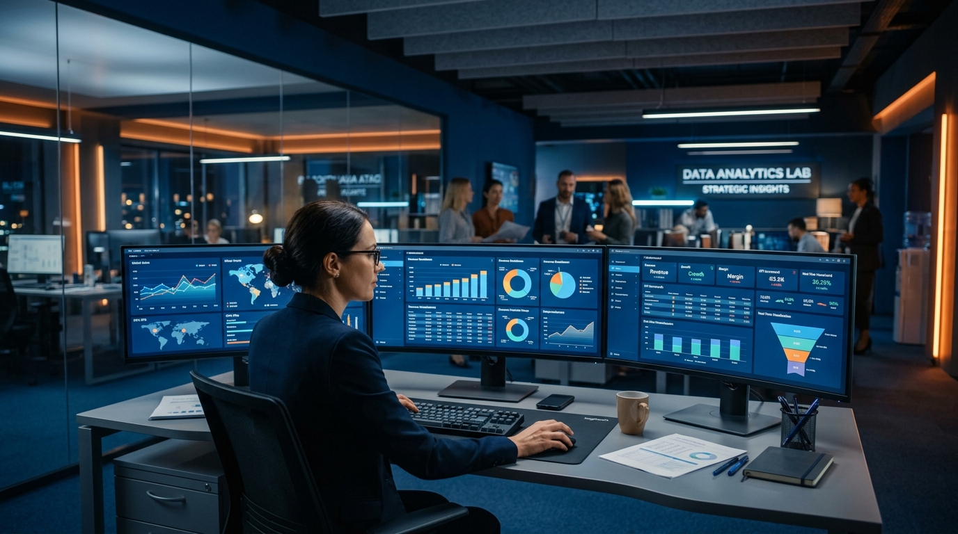 Data Analytics and Business Intelligence multi-monitor dashboard setup