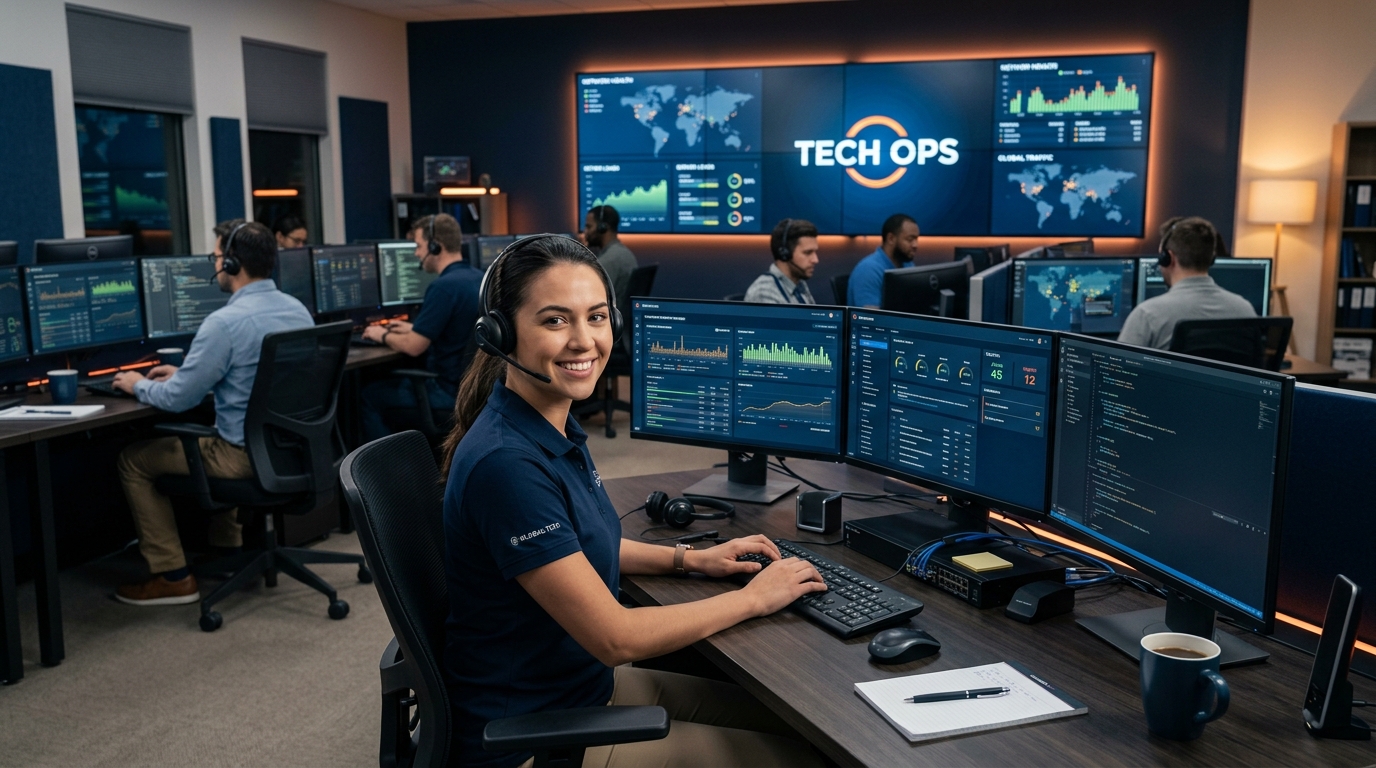 Enterprise IT Help Desk specialist working at modern tech operations workstation